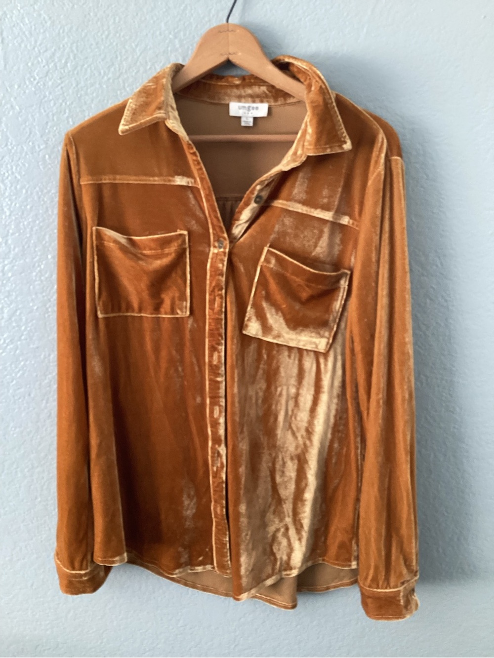 Umgee Velvet Button-Up Shirt in Burnt Orange